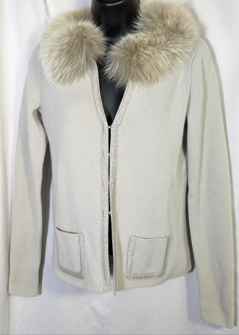 MAGASCHONI Womens Cashmere Cardigan Sweater Detachabe Fox Collar Taupe Luxury XS